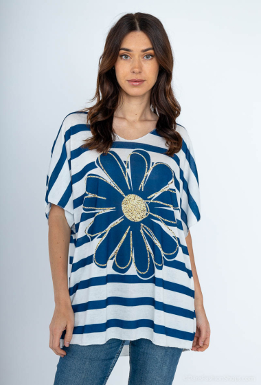 Wholesaler C'Belle - Striped printed t-shirt with large flowers