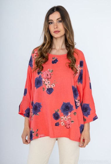 Grossiste C'Belle - T-shirt imprimé fleurs 100% lin