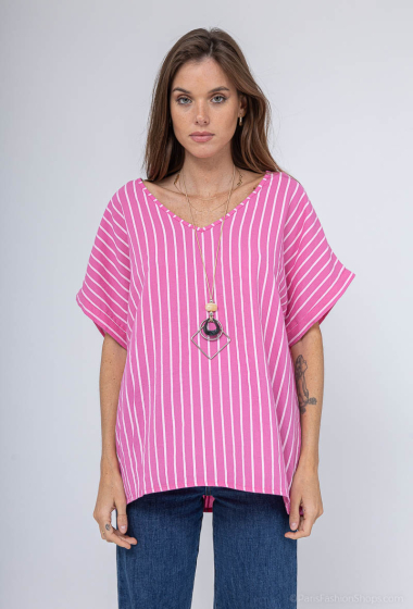 Wholesaler C'Belle - Striped printed t-shirt with linen blend collar