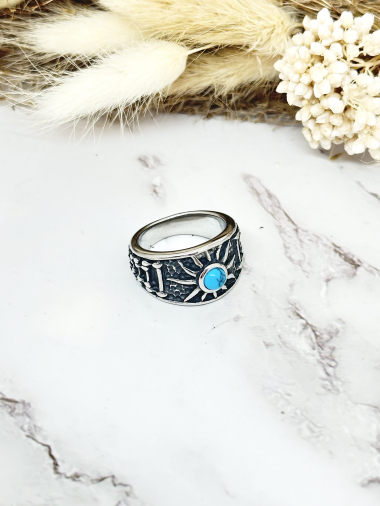 Grossiste Ceramik - Bague acier inoxydable Anneau bleu motif  petit Pierre turquoise
