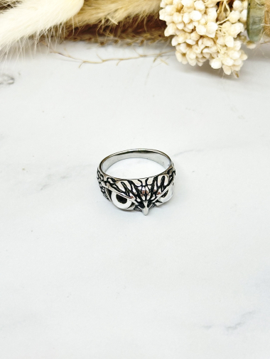 Grossiste Ceramik - Bague acier inoxydable anneaux motif hibou yeux blanc