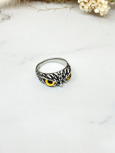 Grossiste Ceramik - Bague acier inoxydable anneaux motif hibou yeux jaunes