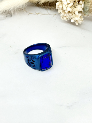 Grossiste Ceramik - Bague acier inoxydable chevalier motif pierre bleu
