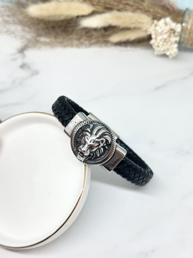 Grossiste Ceramik - Bracelet en Cuir et Acier Inoxydable motif Tete de lion