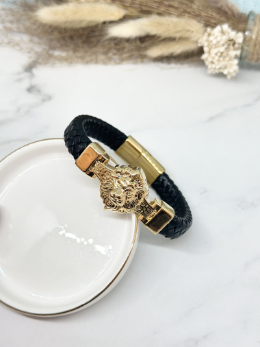 Grossiste Ceramik - Bracelet en Cuir et Acier Inoxydable motif Tete de lion