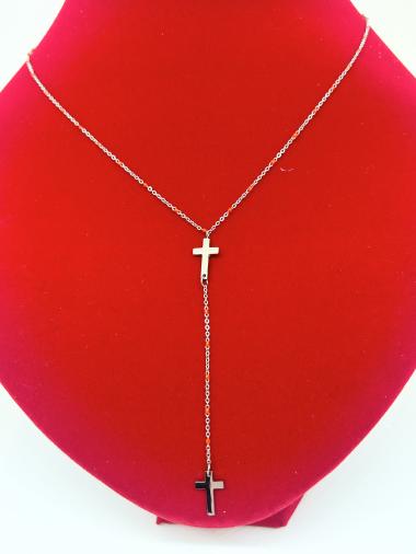 Wholesaler Ceramik - Enamelled rosary necklace in steel with silver cross pattern 45 cm + 3cm extension