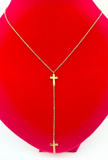 Mayorista Ceramik - Collar rosario esmaltado en acero con motivo de cruz dorada 45 cm + alargador 3cm