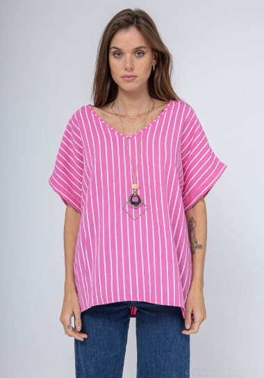 Großhändler Chana Mod - Gestreiftes, bedrucktes T-Shirt mit Kragen aus Leinenmischung