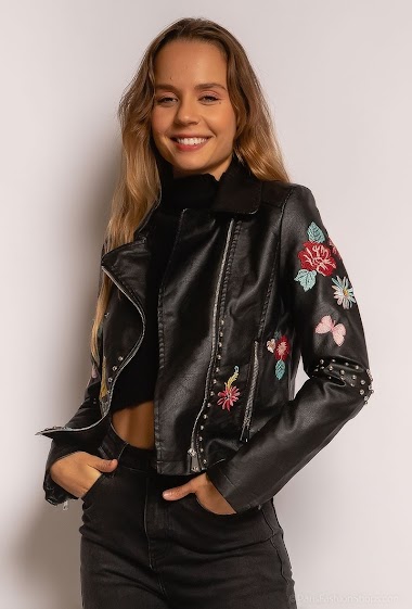 Wholesaler Cherry Koko - Faux leather biker jacket with flowers