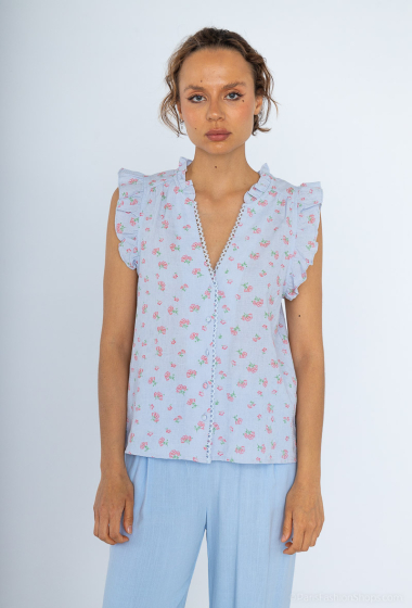 Wholesaler Cherry Paris - Sleeveless blouse with V-neck ruffles and lace ALOISE