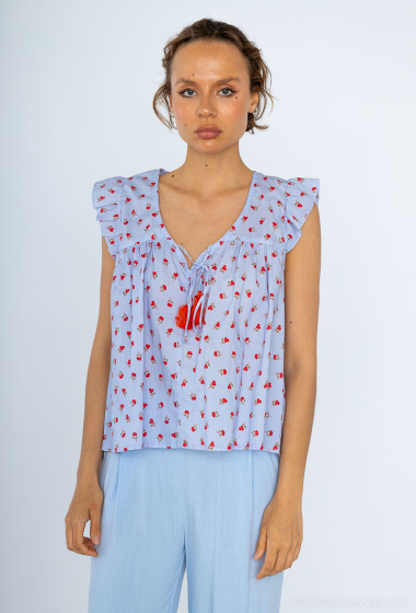 Wholesaler Cherry Paris - Sleeveless printed cotton blouse with colorful pompom ETIENNETTE