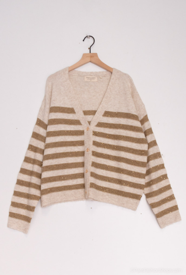 Wholesaler Cherry Paris - V-neck cardigan with sequin-embroidered stripes and AGUSTINA bee buttons