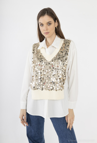 Großhändler Cherry Paris - Pullover-Shirt LEORA aus zwei Materialien mit aufgestickten Pailletten