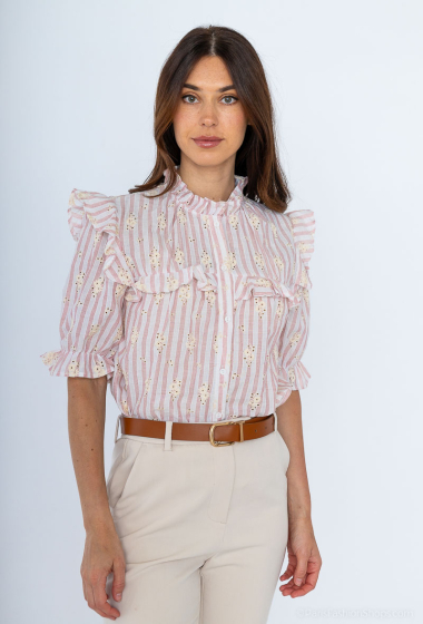 Mayorista Cherry Paris - Camisa media manga de algodón a rayas bordada con flores YVIE