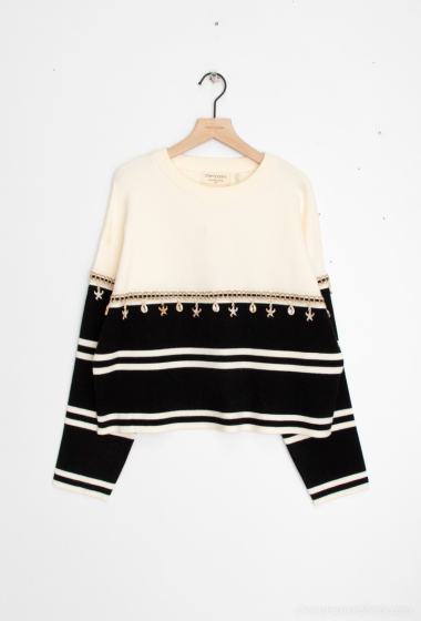 Wholesaler Cherry Paris - Round neck sweater with chain embroidery and shell jewelry MADALEN