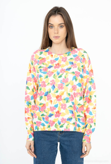 Wholesaler Cherry Paris - Printed round-neck sweater embroidered with NAIS sequins
