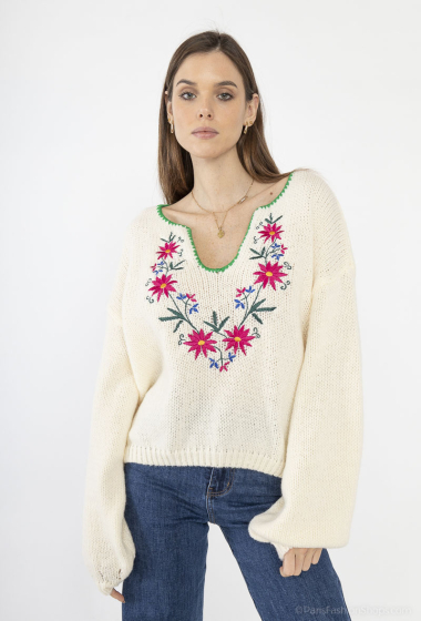 Wholesaler Cherry Paris - Knitted sweater with collar with borders and embroidery CONSTANTINE
