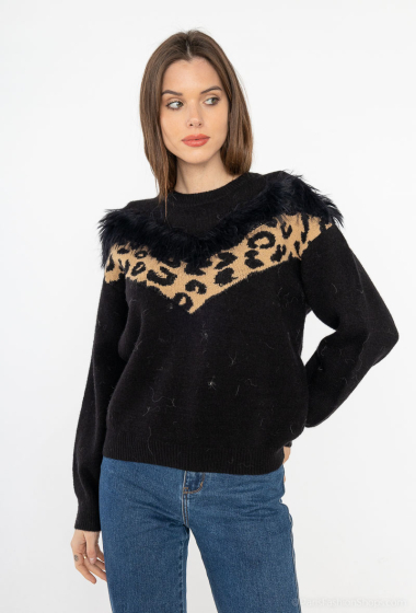 Wholesaler Cherry Paris - Knitted sweater with faux fur and leopard print MADENN