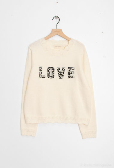 Wholesaler Cherry Paris - Round neck knitted sweater with pearl embroidered inscriptions ELVINE