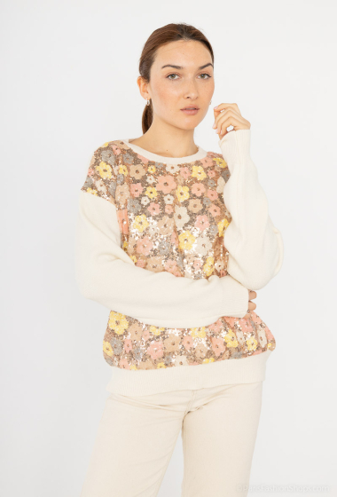 Wholesaler Cherry Paris - Round neck knitted sweater with floral sequin TESSA