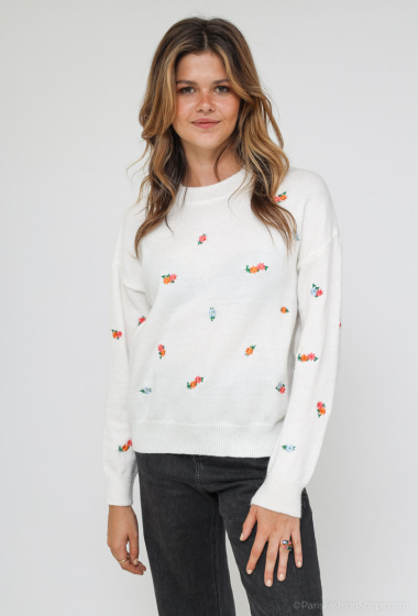 Wholesaler Cherry Paris - Plain knit sweater with flower embroidery VAHINE