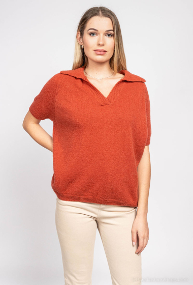 Wholesaler Cherry Paris - Short-sleeved plain knit sweater with polo collar CORENTINE