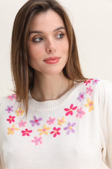 Wholesaler Cherry Paris - Short-sleeved plain knit sweater with ORYANE embroidery