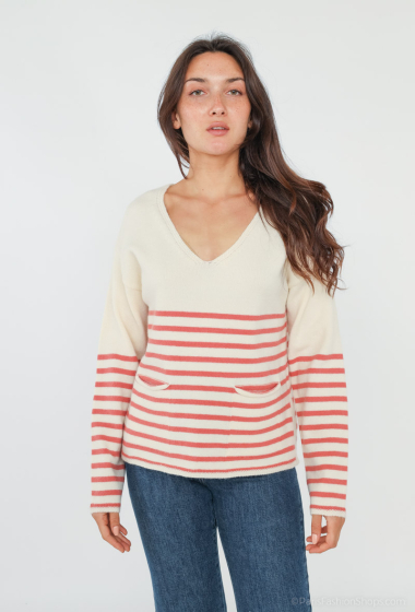 Wholesaler Cherry Paris - DOMANGE striped sweater with v-neck and front pockets