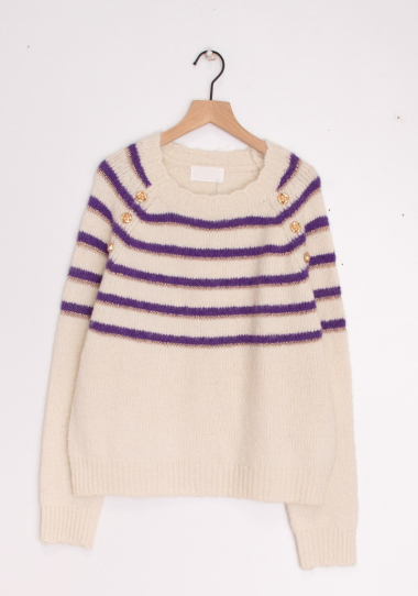 Wholesaler Cherry Paris - DOMITILE round neck striped sweater with flower buttons