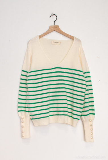 Wholesaler Cherry Paris - Striped V-neck sweater with buttoned sleeves ERMELINE