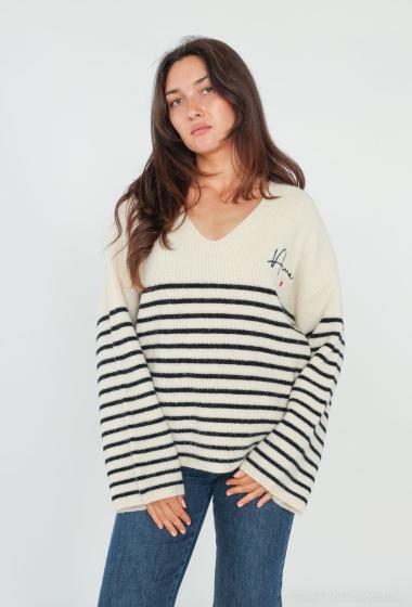 Wholesaler Cherry Paris - Oversized striped sweater with V-neck and OTHILDE embroidered inscriptions