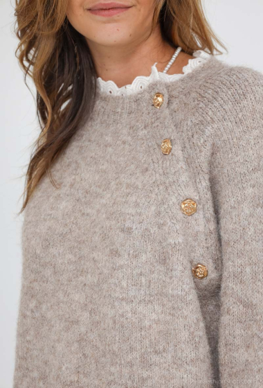 Wholesaler Cherry Paris - Plain sweater with flower buttons and high lace collar LIV