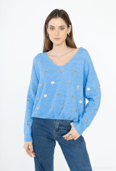 Wholesaler Cherry Paris - Plain V-neck sweater with embroidered sequined hearts EULALIE