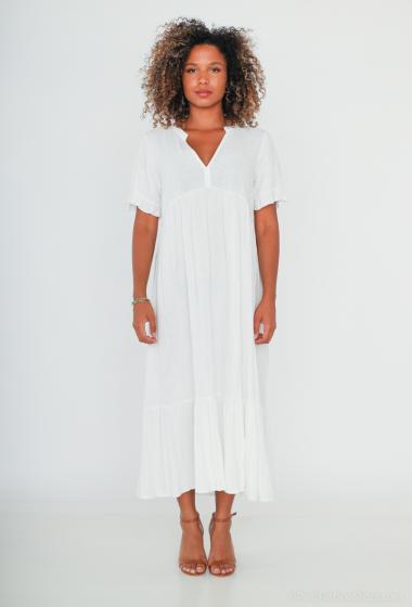 Wholesaler Cherry Paris - Long dress V-neck short balloon sleeves in plain linen GENIE