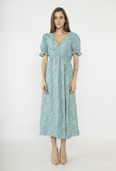Wholesaler Cherry Paris - Long plain short-sleeved dress with flower embroidery BENEDICTE
