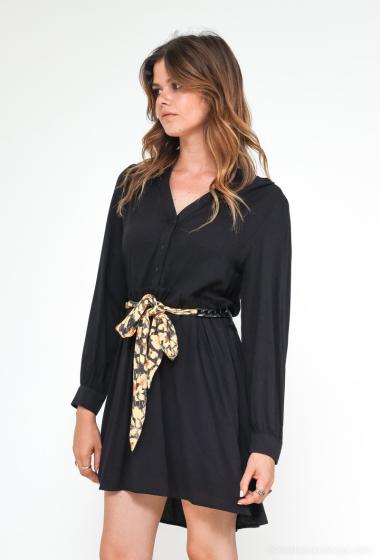 Großhändler Cherry Paris - Mittellanges Kleid mit V-Ausschnitt aus unifarbener Viskose und bedrucktem Gürtel ELAINE