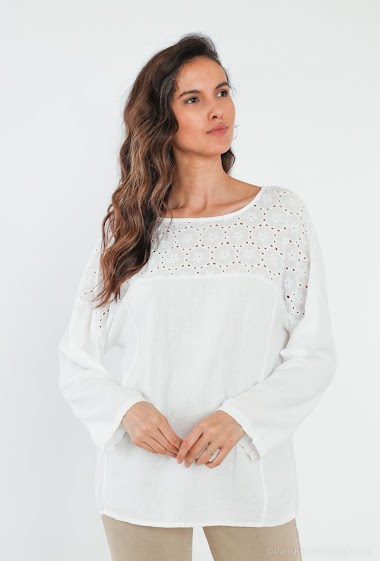 Wholesaler Cherry Paris - Long-sleeved plain linen tunic with English embroidery GEN