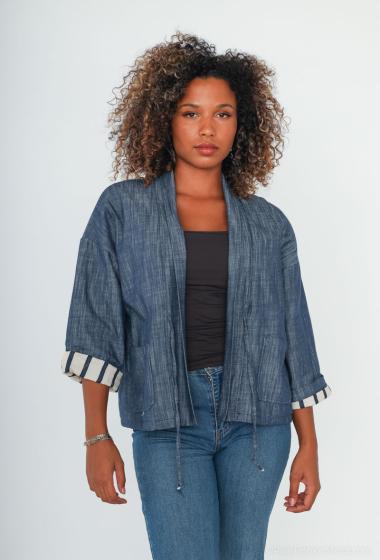 Wholesaler Cherry Paris - Short open jacket in denim and striped cotton lining REJANE