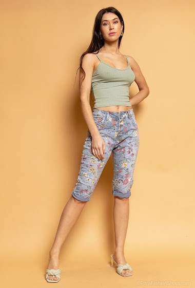 Wholesalers Chic Shop - Denim flower printed bermuda shorts
