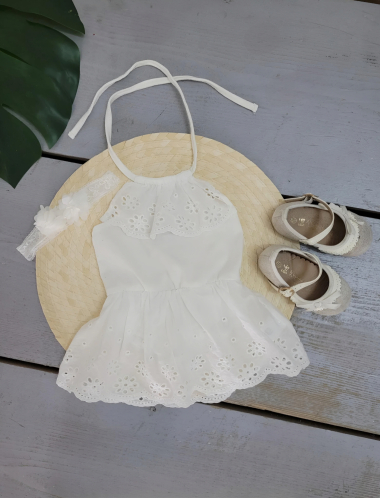 Wholesaler Chicaprie - Bodysuit Plain Style Dress With Flower Ribbon Baby Girl