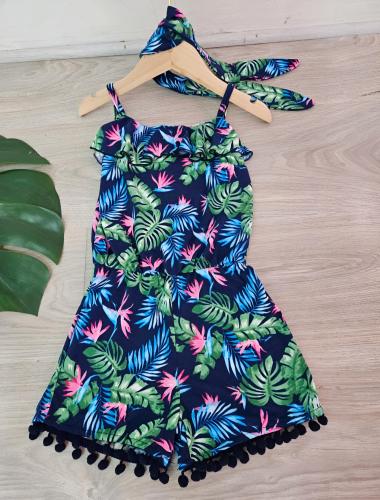 Wholesaler Chicaprie - Girls' Floral And Pompom Short Jumpsuit