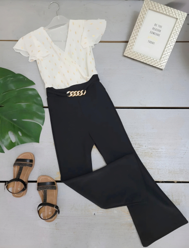 Grossiste Chicaprie - Combinaison Haut Blanc Et Dorée et Pantalon Noir Contraste Fille