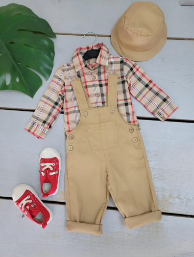 Wholesaler Chicaprie - Baby Boy's Checked Shirt And Plain Overalls Set With Bucket Hat