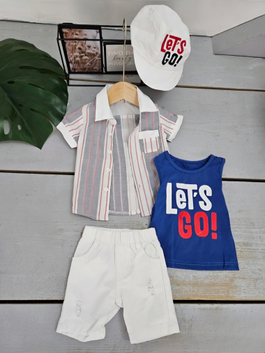 Wholesaler Chicaprie - Baby Boy's Striped Shirt And Shorts With Cap Set