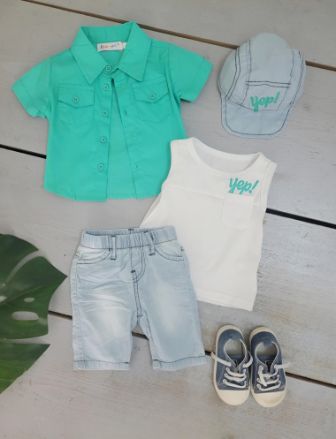 Wholesaler Chicaprie - Baby Boy's Shirt And Cropped Trousers Set With Tank Top And Cap