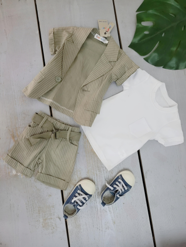 Wholesaler Chicaprie - Baby Boy's Striped Shirt And Shorts With T-shirt Set