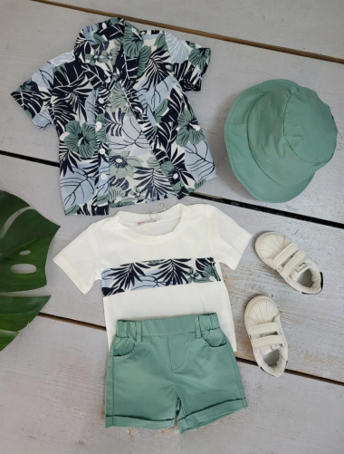 Wholesaler Chicaprie - Baby Boy Floral Shirt, T-shirt, Shorts and Bucket Hat Set