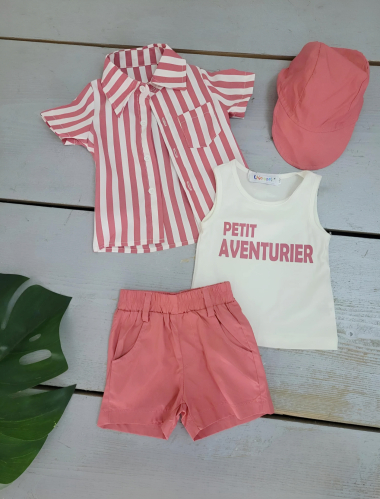 Großhändler Chicaprie - Set aus gestreiftem Hemd, Tanktop, Shorts und Mütze für Baby-Jungen