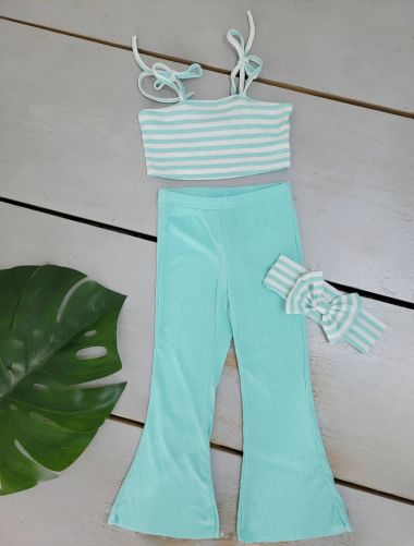 Wholesaler Chicaprie - Girls' Striped Crop Top And Flared Trousers Set With Headband