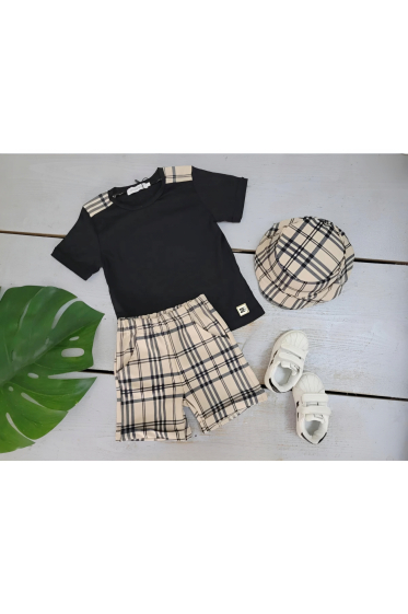 Wholesaler Chicaprie - Baby Boy's Checked Top And Shorts Set With Bucket Hat